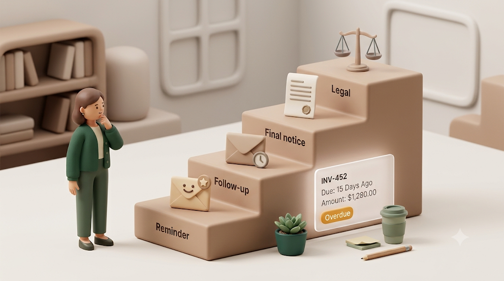 A 3D illustration of chasing a late payment in escalating steps: a gentle reminder, a firmer follow-up, a formal final notice, and legal as a last resort