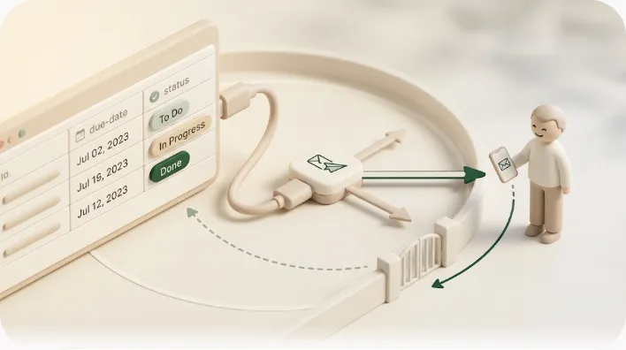 Soft-3D illustration: a Notion database with due dates connects via the API to a relay hub (Kapsel) that emails a client with no Notion account, whose one click writes the status back to Notion
