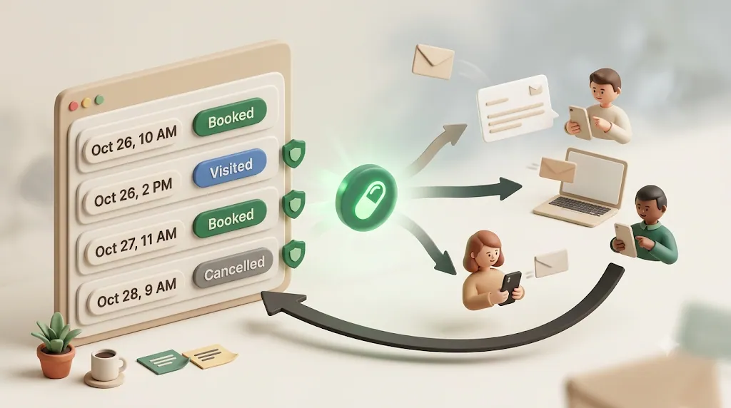 Kapsel watches a Notion booking list's dates and statuses, emails only upcoming bookings, skips visited and cancelled, and writes the client's one-click confirmation back to Notion