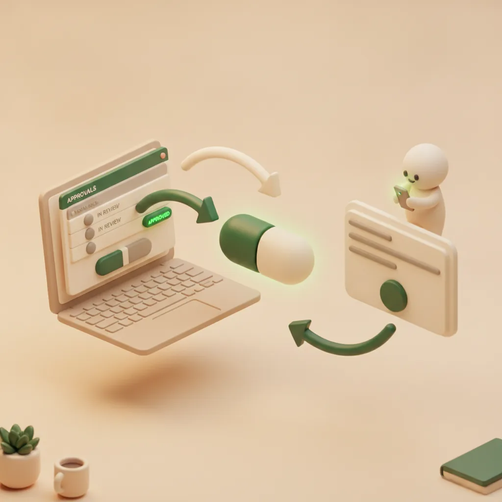 Soft-3D illustration: a Notion approval board, an Approve/Reject decision flowing through a green Kapsel hub to an external approver on a phone, and the decision writing back to the Notion status