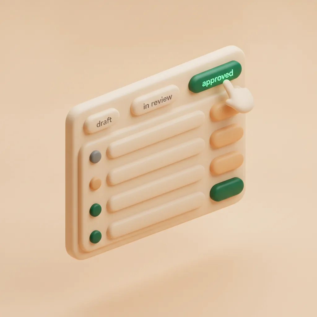 Soft-3D illustration: the approval-request database with Status stages (Draft, In Review, Approved) and a one-click Approve/Reject button on a row