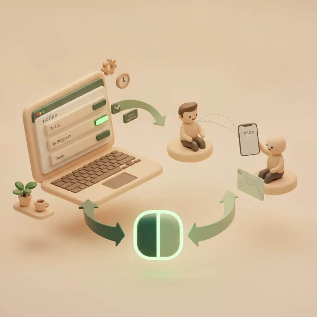 Soft-3D illustration: a Notion board with automation gears and a clock reaches an internal teammate, but a native notification fades out before an external client's phone inbox; a green Kapsel capsule bridges the gap by email with a two-way status write-back