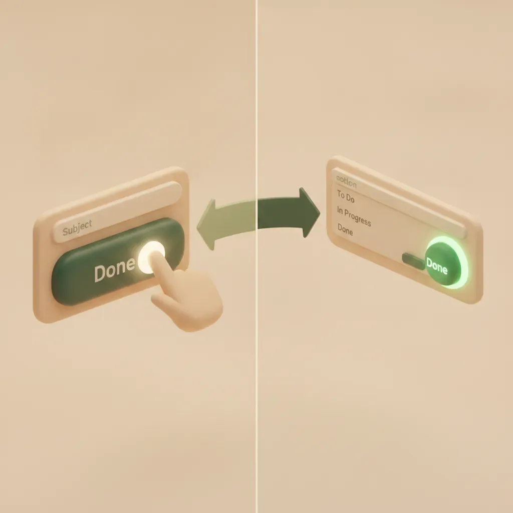 Soft-3D illustration: a fingertip taps a green "Done" button on an email card, and a connecting arrow flips a Notion row's status chip to a glowing green "Done" — a one-click status write-back from outside Notion