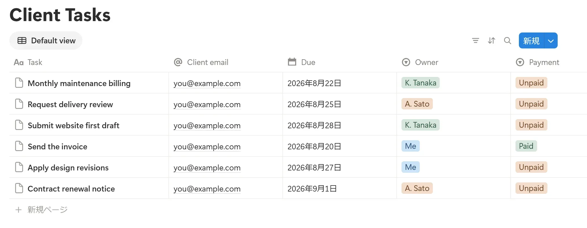 A real Notion database in table view titled Client Tasks, with Task, Client email, Due, Owner, and Payment (Unpaid/Paid) columns — the kind of properties a database automation reads and updates
