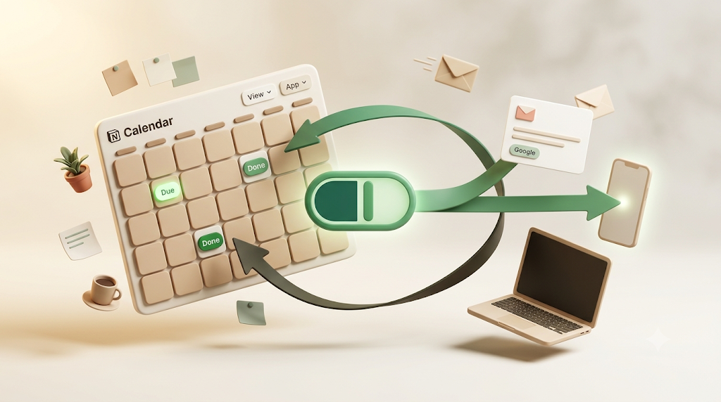 A 3D illustration of a Notion calendar showing due dates, with Kapsel emailing both an internal teammate and an external client and writing status back to Notion on a one-click reply