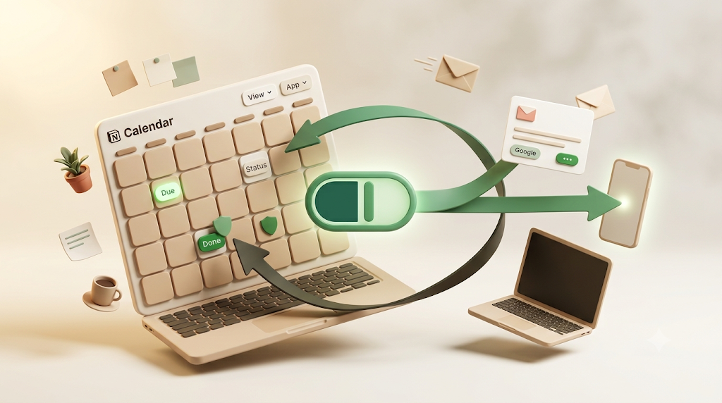 A 3D illustration of Kapsel watching a Notion calendar's due dates and status, emailing an internal teammate and an external client, and never sending once an item is marked done
