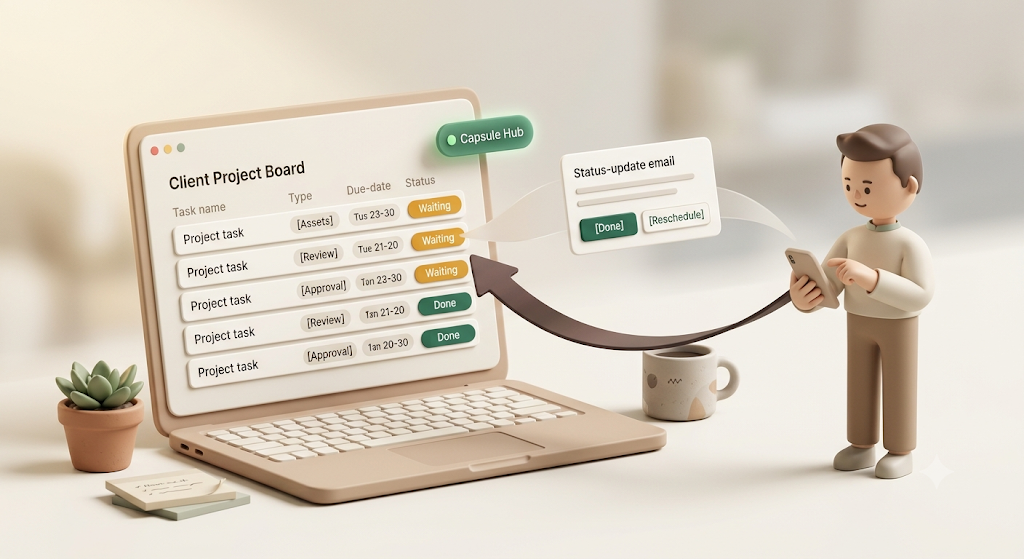 A 3D illustration showing a Notion client project board being monitored, with progress and confirmation requests emailed to people outside the workspace, and their one-click replies updating Notion