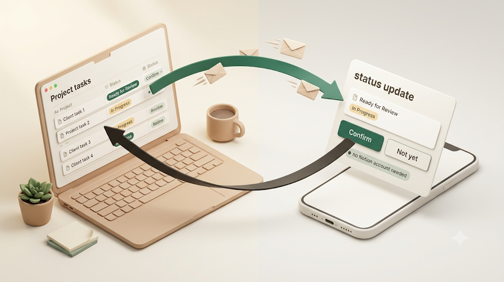 A 3D illustration of a client without Notion receiving progress by email, confirming or replying with one click, and that answer flowing back into Notion
