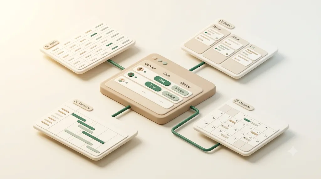 One Notion database shown as several views: green connectors run from the central database to Table, Board, Calendar, and Timeline panels, all showing the same underlying data