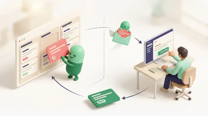 Soft-3D illustration: a Notion task board detects an overdue task, a green capsule (Kapsel) carries it as an email to an external recipient, who confirms in one click and writes the status back to Notion
