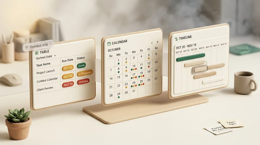 A 3D illustration of one Notion deadline database shown as three views side by side — a table sorted by due date, a monthly calendar, and a gantt timeline