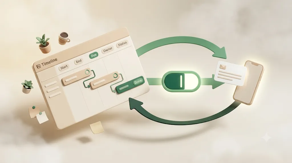 A Notion-style timeline (Gantt) delivering due dates to people: a panel of task bars with dependency links flows through a green capsule to an email and a phone, with a one-click write-back loop returning to Notion