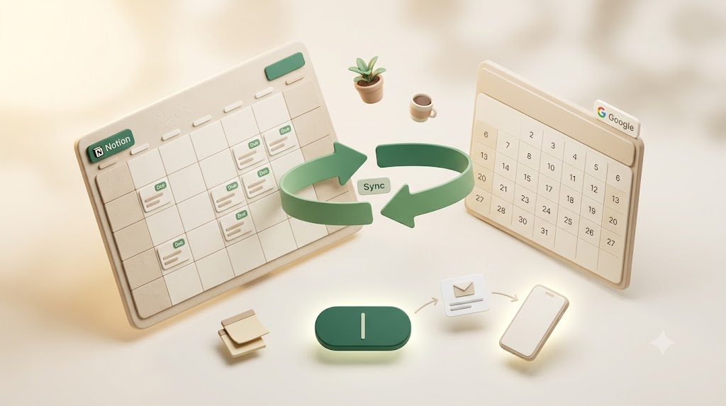 A 3D illustration of Notion and Google Calendar syncing two ways, with Kapsel also emailing a due date to someone outside Notion