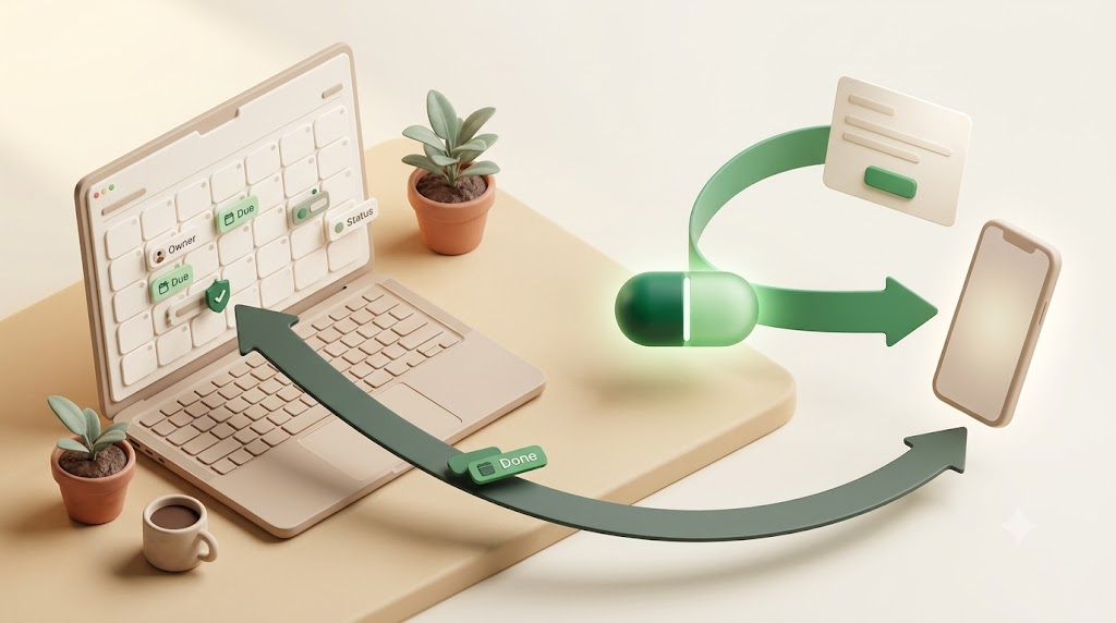 A 3D illustration of Kapsel watching a database's due date, owner, and status, emailing an internal teammate and an external client, and never sending once an item is marked done