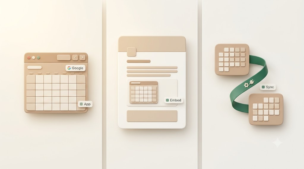 A 3D illustration comparing three ways to connect Notion and Google Calendar: the official Notion Calendar app, an embedded calendar in a page, and third-party two-way sync