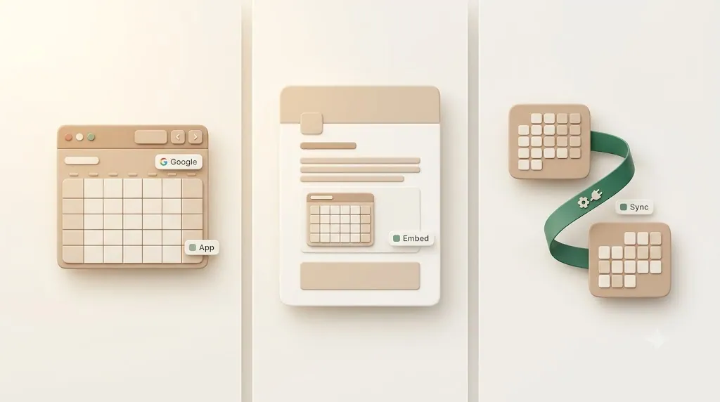 A 3D illustration comparing three ways to connect Notion and Google Calendar: the official Notion Calendar app, an embedded calendar in a page, and third-party two-way sync