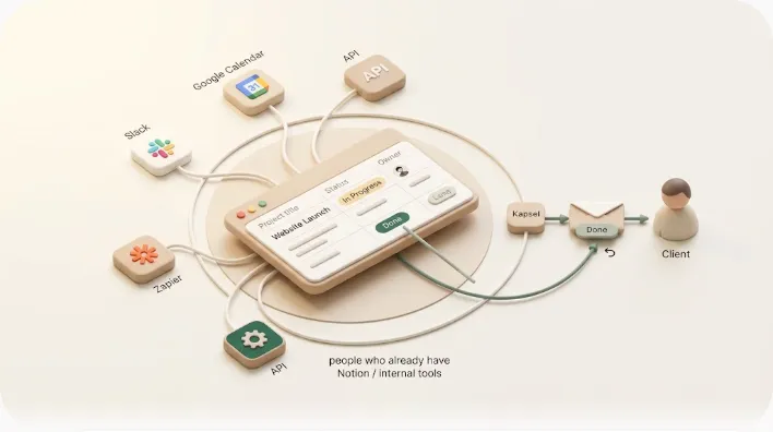Soft-3D illustration: a Notion database hub connects to Slack, Google Calendar, Zapier and the API for people inside the workspace, while Kapsel relays an email to a client with no Notion account whose one click writes the status back to Notion