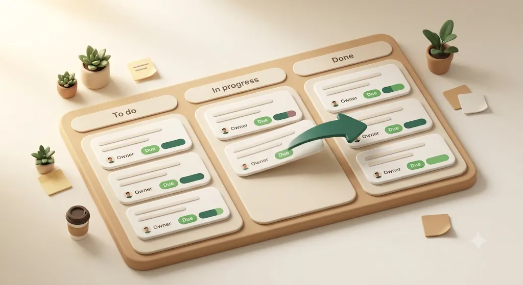 Structure of a Notion Kanban board: To do, In progress, and Done status columns holding cards, each card showing an owner and a due chip, with a card being dragged from one column to the next
