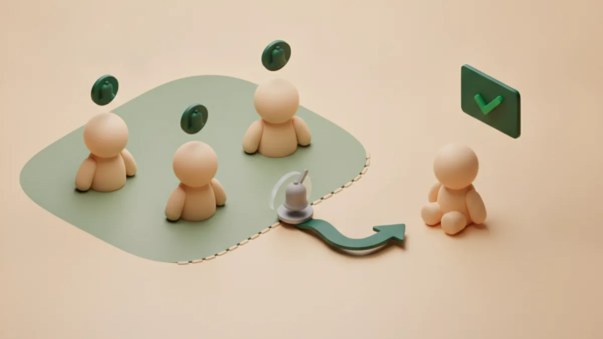 An illustration showing that inside the Notion workspace the standard bell reaches each member, but the outside client or customer beyond the boundary gets no bell — only email bridges the gap