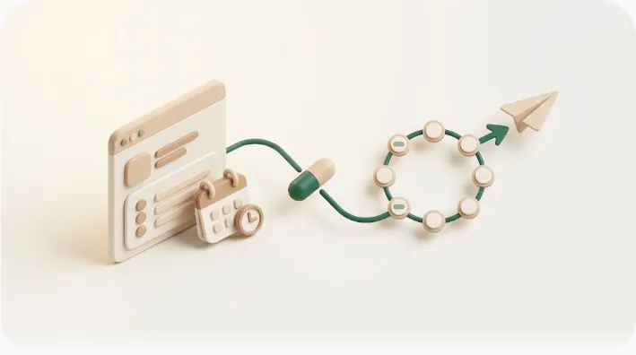 Cover image reading "Notion × Make" on a cream background with ink-colored type, Kapsel's deep-green brand color and capsule motif, signaling an article about automating reminders — setup, pricing, and limits