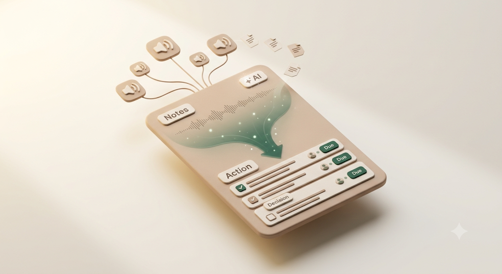A 3D illustration of a Notion meeting-notes page where AI transcribes the meeting audio (waveform) and extracts structured decisions and action items with an owner and a due date from the notes above