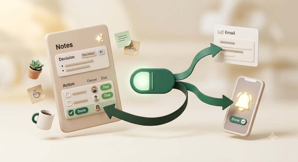A 3D illustration of a Notion meeting-notes page with decisions and action items (each with an owner and a due date), and Kapsel emailing both an internal teammate and an external attendee, with a one-click reply marking the action done in Notion