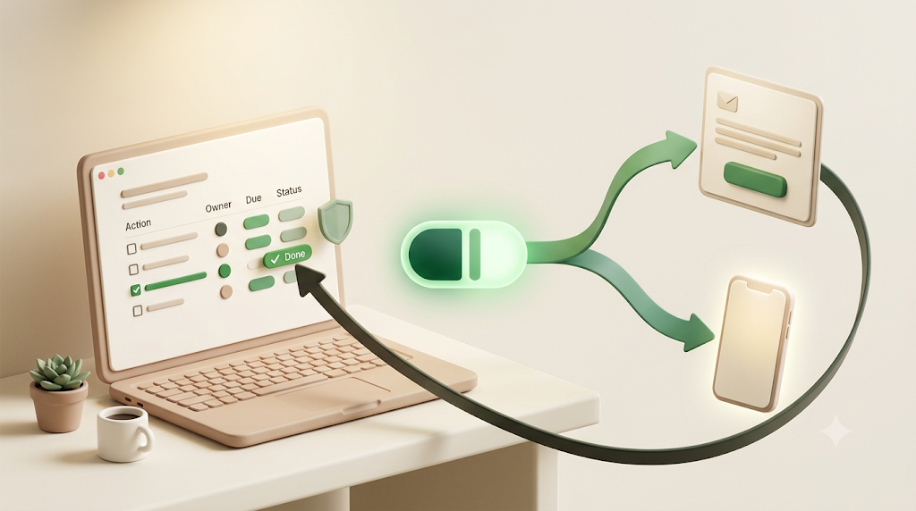A 3D illustration of Kapsel watching an action item's due date, owner, and status, emailing both an internal owner and an external attendee, and never sending once the action is marked done