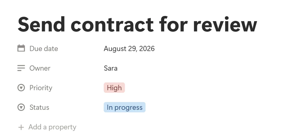 Example of a Due date property on a Notion database item
