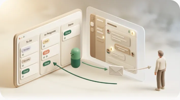 A soft-3D illustration of team deadline notifications: a structured Notion board of due dates and a Slack-style real-time chat both alert only internal members who have accounts, while an external client stands outside the boundary receiving nothing. A green capsule (Kapsel) watches the Notion board and emails the external client, and a one-click reply writes the status back to Notion