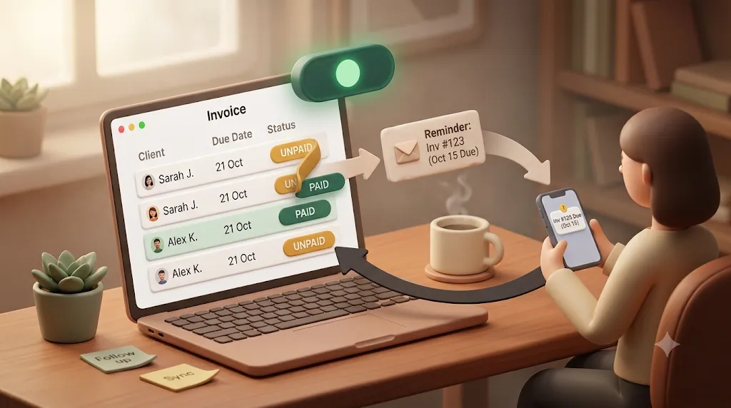 A Notion invoice tracker with Unpaid and Paid statuses, sending an automatic reminder email only to clients with overdue, unpaid invoices