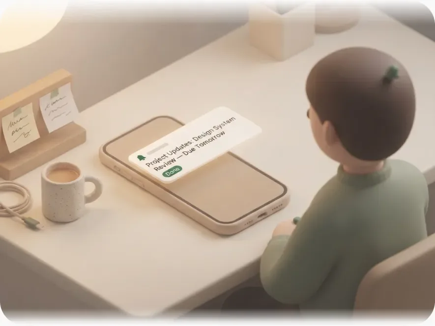 A quiet soft-3D scene of a Notion push notification sitting delivered on a phone while the person has not opened the app and hasn't noticed it
