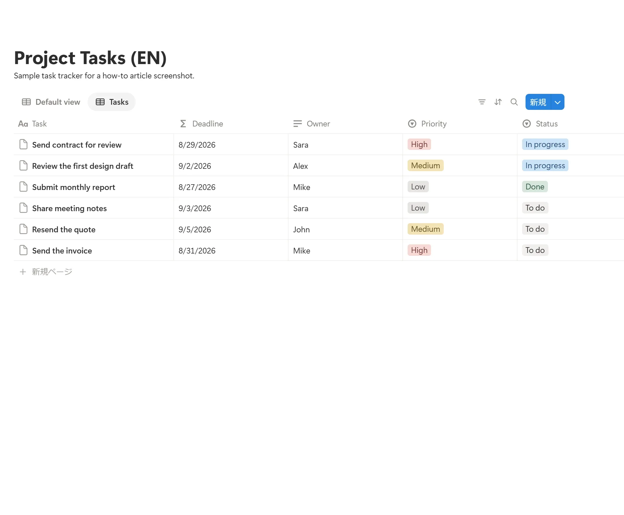 A real Notion task database showing tasks with a Deadline, Owner, Priority, and Status (To do / In progress / Done). Notifications exist to flag changes to these due dates and statuses