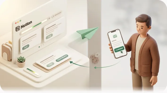 A 3D illustration of a Notion database with a due task emailing a person who has no Notion account, whose one-click "Confirm" reply writes the status back into Notion