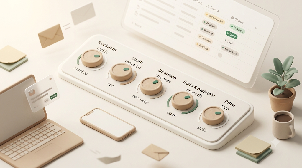 A 3D illustration of five dials representing the criteria for choosing a reminder tool: recipient, login, one-way vs two-way, build & maintain, and price