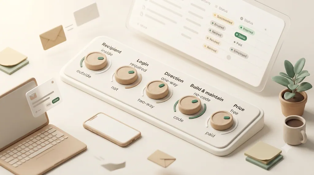 A 3D illustration of five dials representing the criteria for choosing a reminder tool: recipient, login, one-way vs two-way, build & maintain, and price