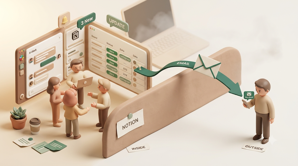 A 3D illustration contrasting internal notification tools inside the workspace with an email path that reaches a client outside Notion
