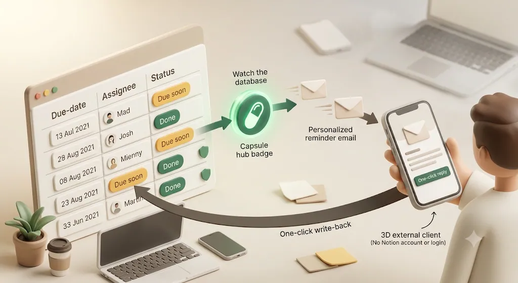 A 3D illustration of Kapsel watching a Notion database's due dates and statuses, emailing an external client, skipping done items, and writing one-click replies back to Notion
