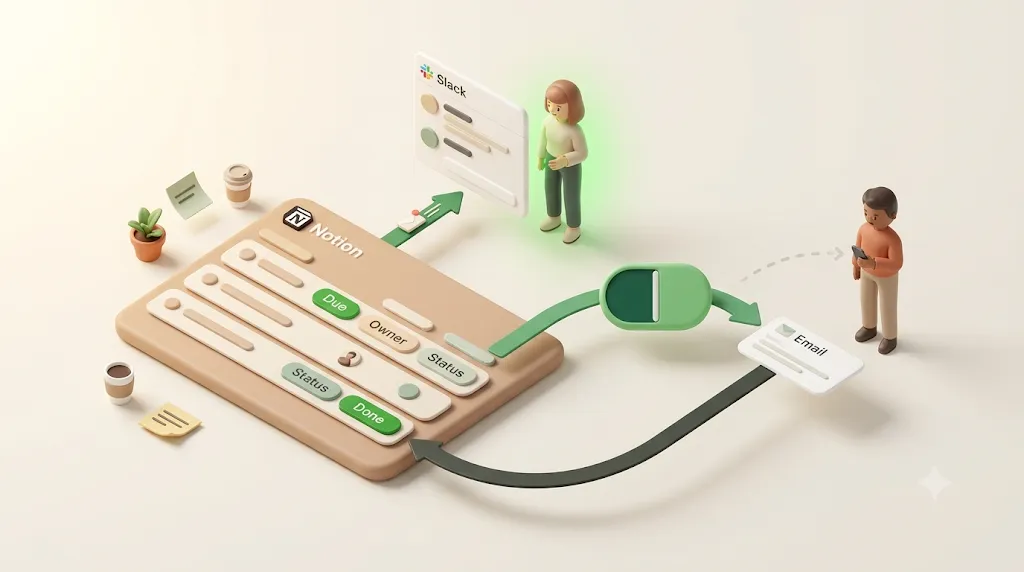 A Notion board update reaches a teammate in Slack while an external person with no Slack is left out, then a green capsule bridges the gap by emailing them and writing status back to Notion