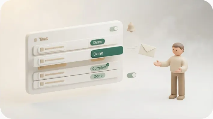Soft-3D illustration: one row in a Notion database flips its status chip to a green done state, that single row sends an email envelope to an external client with no Notion account, and a one-click reply writes the status back to Notion