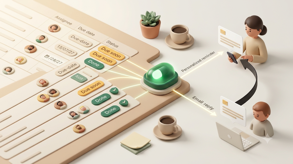 A 3D illustration of Kapsel watching a team task board's assignee, due date and status, emailing reminders to both internal members and external collaborators, skipping done work, and writing one-click replies back to Notion