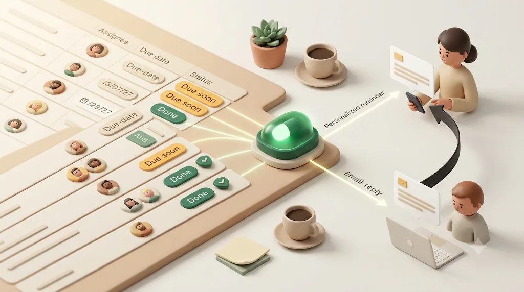 A 3D illustration of Kapsel watching a team task board's assignee, due date and status, emailing reminders to both internal members and external collaborators, skipping done work, and writing one-click replies back to Notion