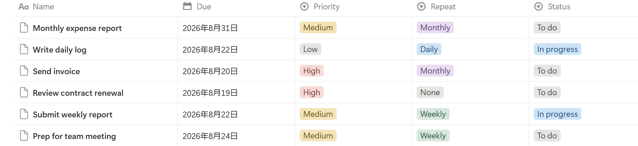 A Notion task database in table view — the kind of flexible hub Notion is good at
