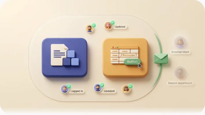 A soft-3D illustration comparing Notion and Coda, showing both tools' notifications reaching logged-in internal members while an external client and another department sit outside the boundary, with an email bridging the gap to them