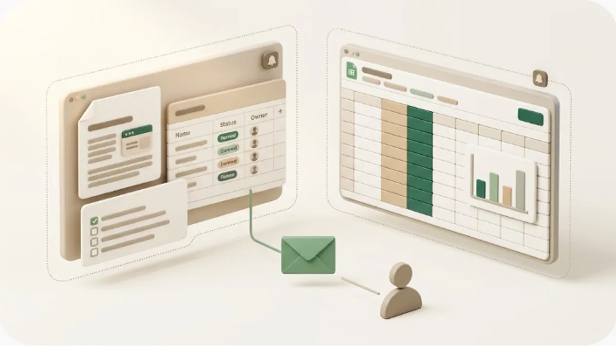 A soft-3D illustration contrasting Notion's information hub with a Google Sheets grid, where each app's in-app notifications stay with its logged-in users while a green email bridges from Notion to an external person who has no account