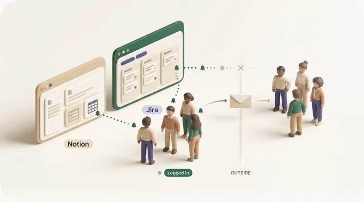 A soft-3D illustration comparing Notion and Jira, showing both tools' notifications reaching logged-in internal members while an external client and another department sit outside the boundary, with an email bridging the gap to them