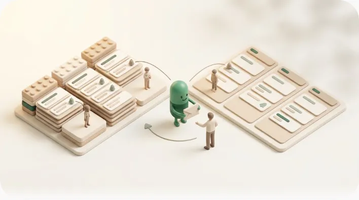 Soft-3D illustration of two task boards side by side — a modular block-built board representing Notion and a simple three-column kanban board representing Trello — while a friendly green capsule figure carries an envelope from the boards to a person standing outside both, with an arrow looping the reply back to the board