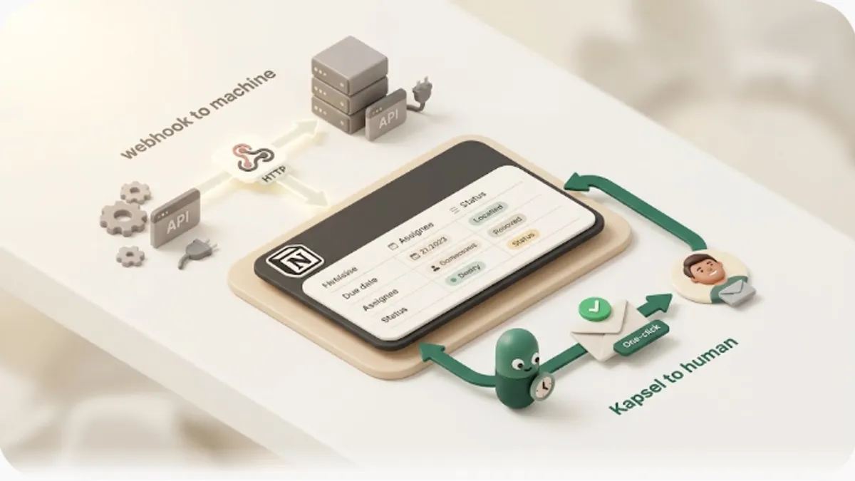 Soft-3D illustration: a Notion database fires a webhook arrow toward an external endpoint (a server, Make/Zapier), while Kapsel relays an email to a client with no Notion account whose one click writes the status back to Notion