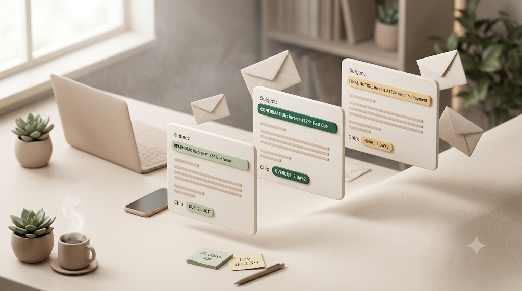 Staged payment reminders escalating from a gentle pre-due nudge to a firmer overdue follow-up