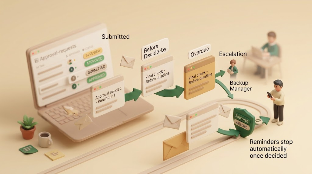 A two-sided approval reminder cadence: a nudge after the request is submitted, a reminder before the decide-by date, then escalating overdue follow-ups that stop once the item is approved or rejected