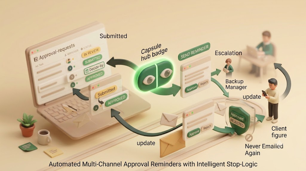 Kapsel watches a Notion approval request's status, approver, and decide-by date, emails the approver including external clients with no account, and their one-click Approve or Reject writes straight back to the Notion status while decided items stop being nudged